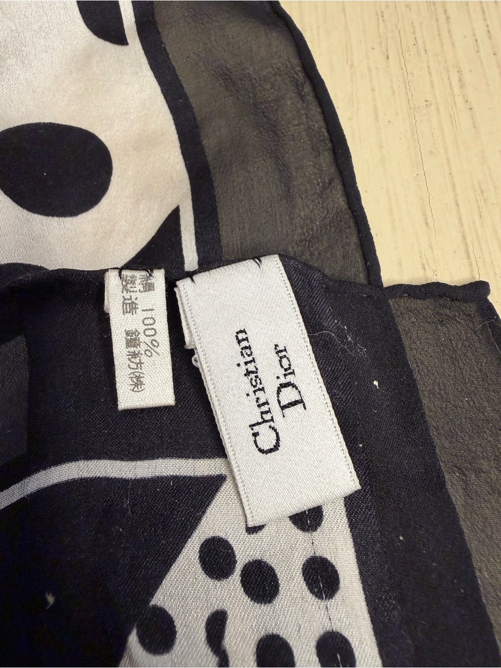 Dior Black & White Polka Dot Silk Scarf with Gold Accent - Picture 4 of 9